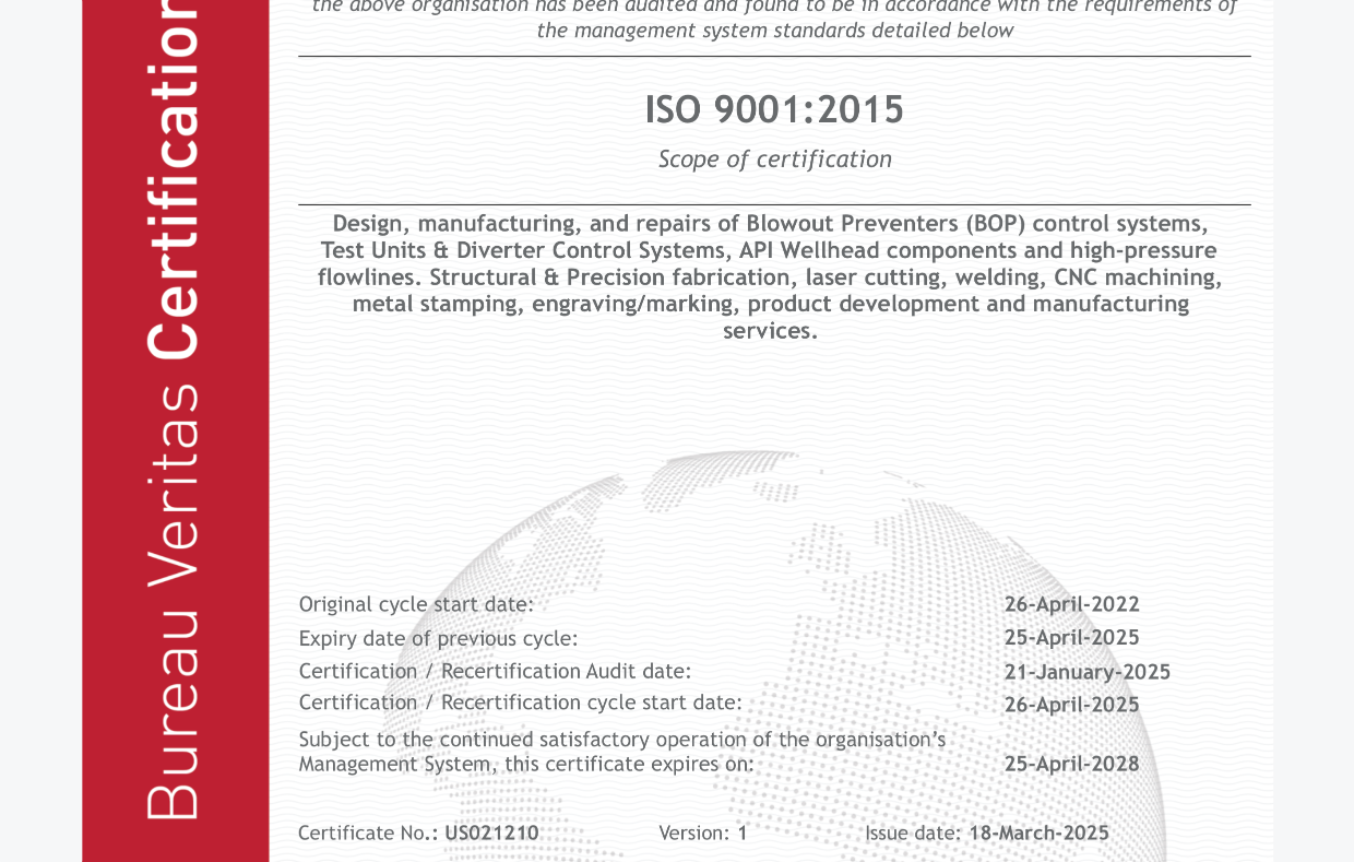 ISO 9001:2015 Certificate Preview — Texas Manufacturing: quality management and operational excellence in oil and gas manufacturing.